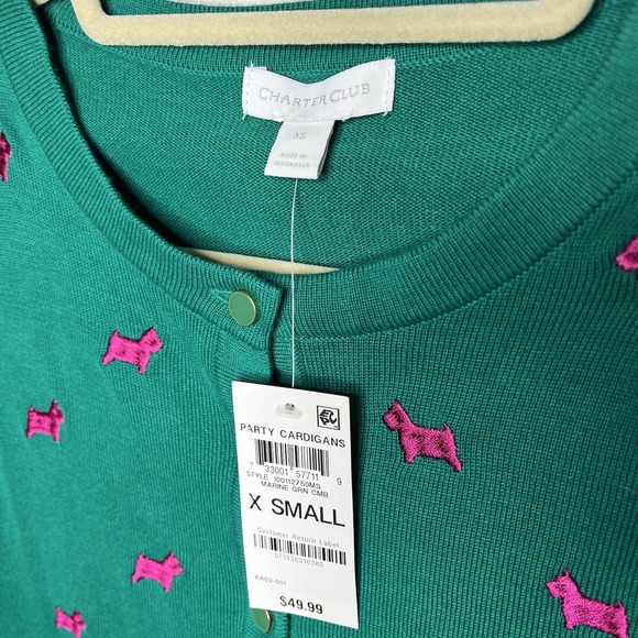 Women's XS Button Up Cardigan Sweater Scotty Dog Green Cotton Lightweight Preppy - Picture 6 of 13